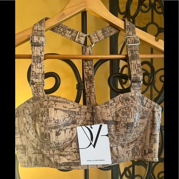 🎉HP🎉 DIANE VON FURSTENBERG DVF Runway Collection Cork Print Leather Bustier - Picture 1 of 7